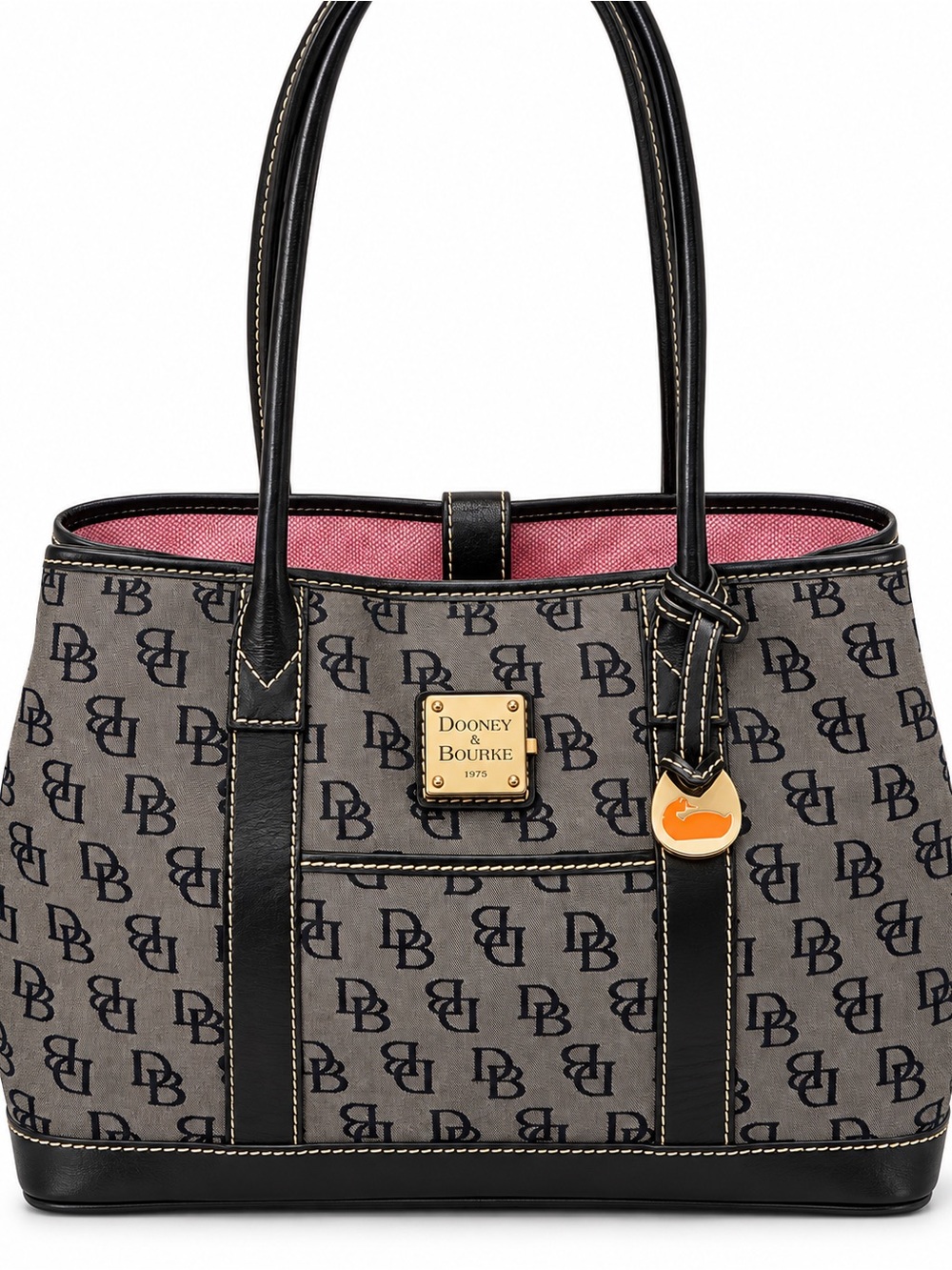 Dooney & Bourke Gray Monogram Tote with Pink Interior and Black Trim